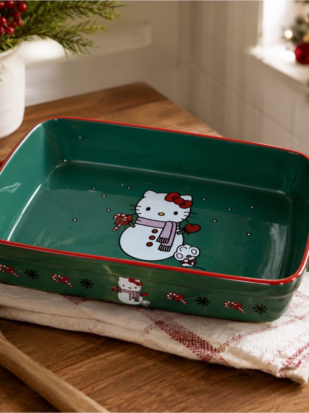Hello Kitty Rectangle Baking Dish Christmas Snowman Green Sanrio Ceramic Pan